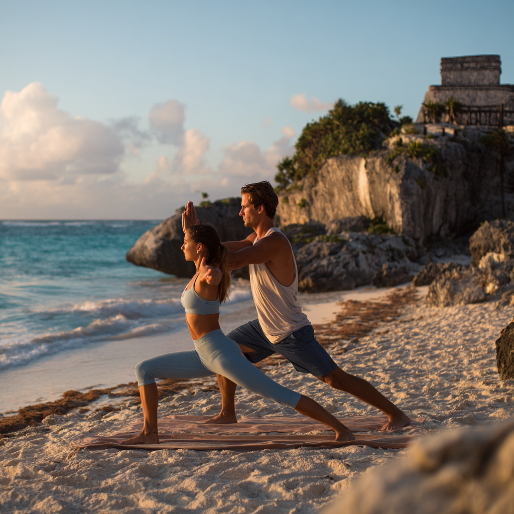 Instructor de yoga en meditación al amanecer